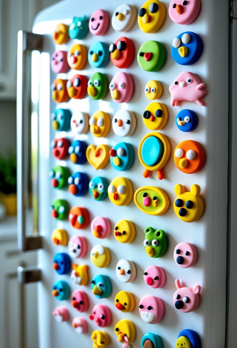 A collection of colorful cartoon character polymer clay fridge magnets arranged on a white refrigerator door.