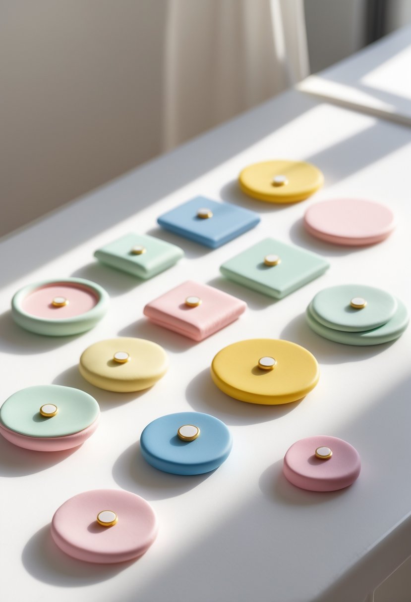 A collection of thin, flat polymer clay magnets in various shapes and colors arranged on a white surface.