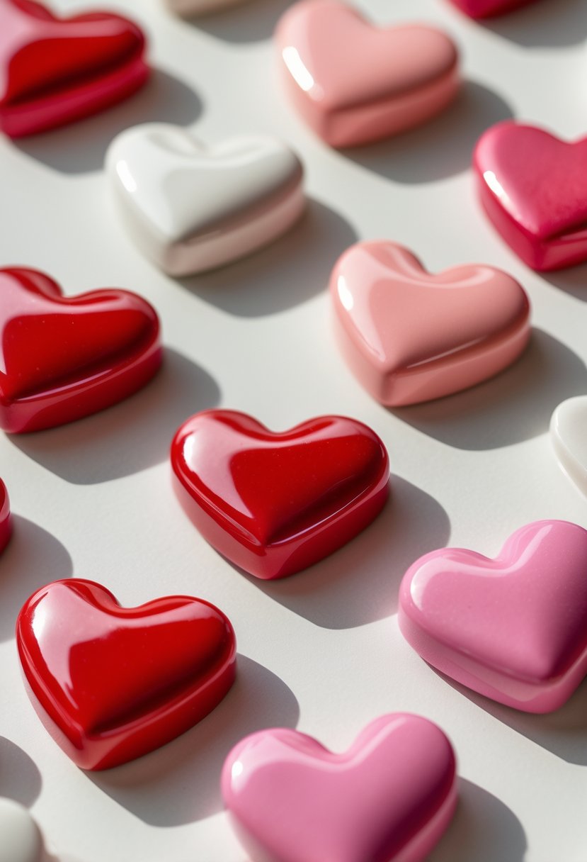 Several glossy heart-shaped polymer clay magnets arranged on a plain surface.