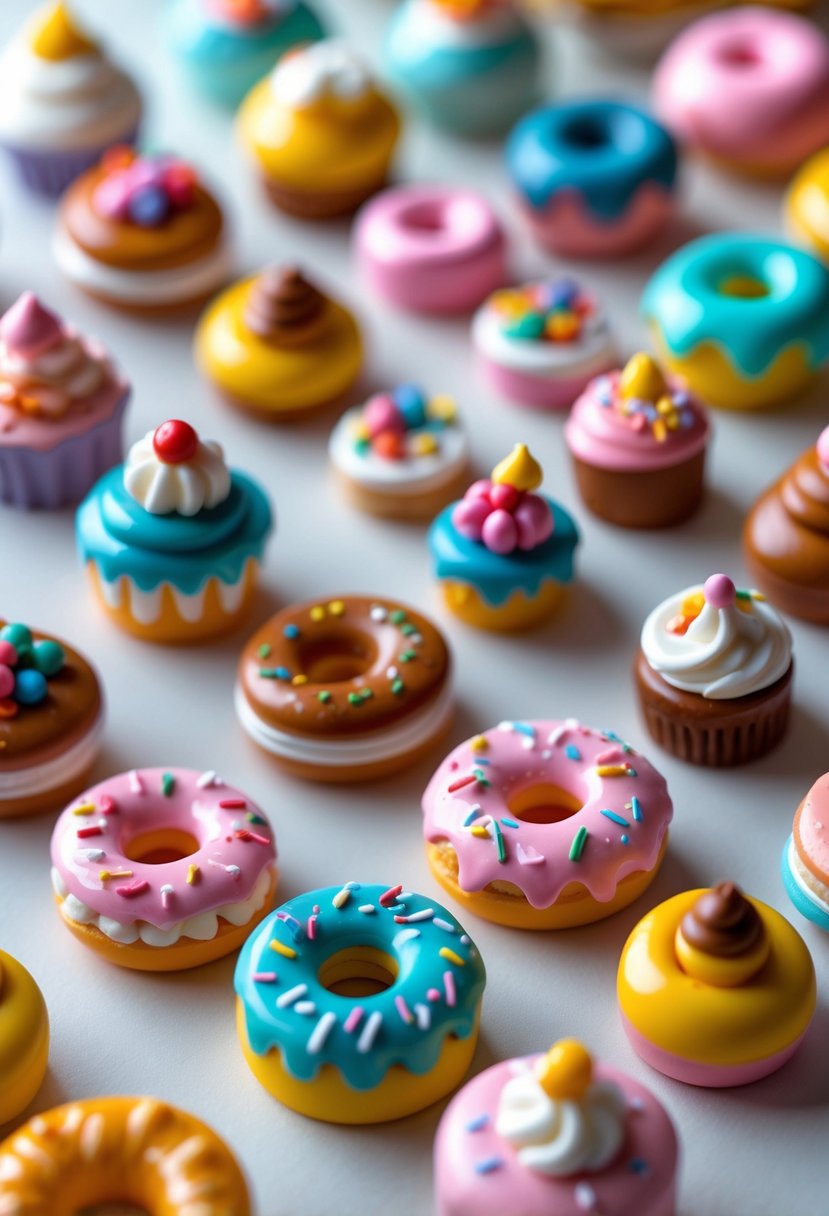 A collection of colorful miniature cupcakes and donuts made from polymer clay displayed on a light surface.