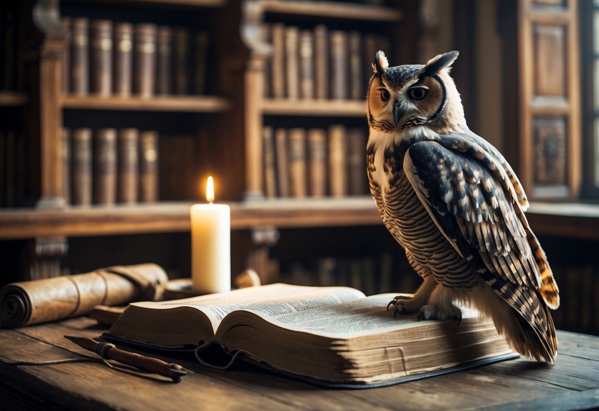 An owl perched on an open Bible in a quiet study with bookshelves and soft natural light.