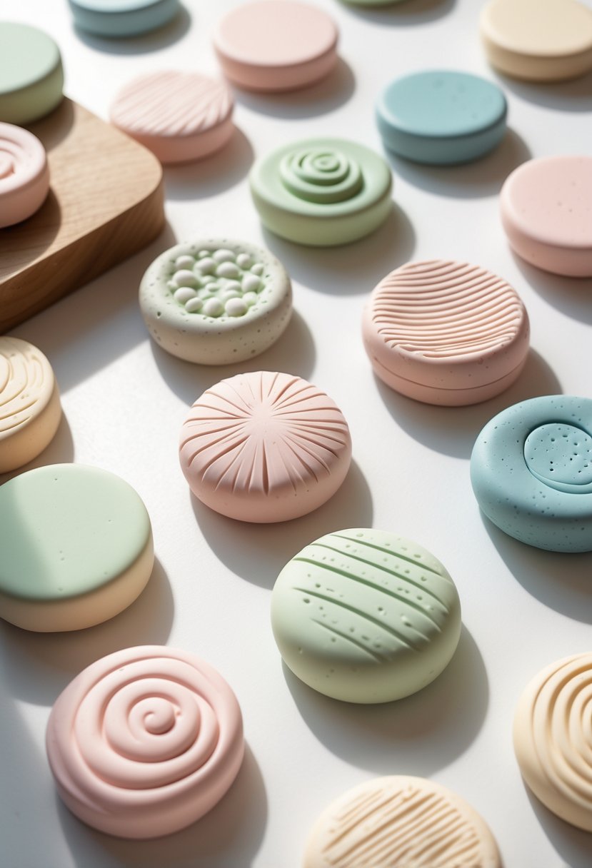 A close-up shot of several round textured clay magnets in pastel colors arranged on a white surface.