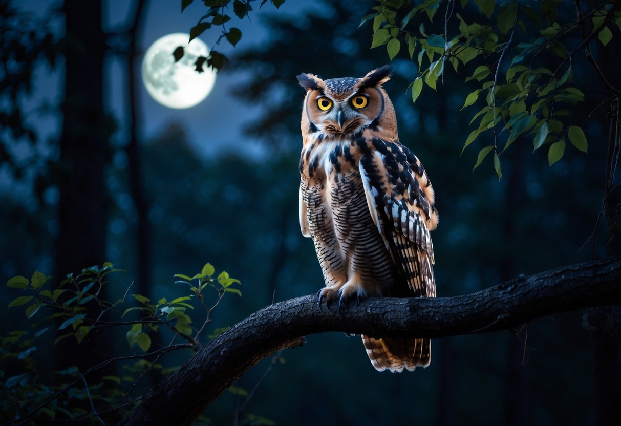 An owl perched on a tree branch at night with its beak open as if hooting, surrounded by a dark forest and moonlight.