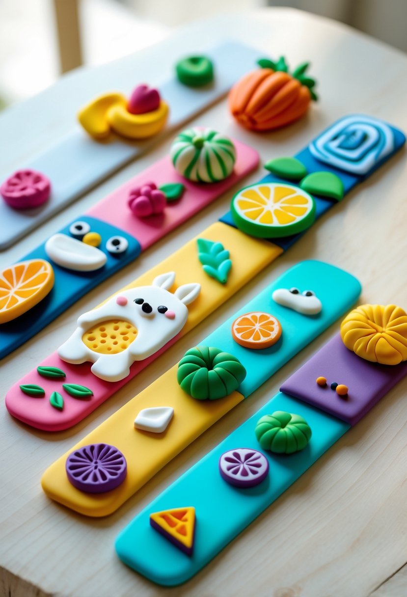 A collection of colorful polymer clay magnetic bookmarks arranged on a wooden surface.