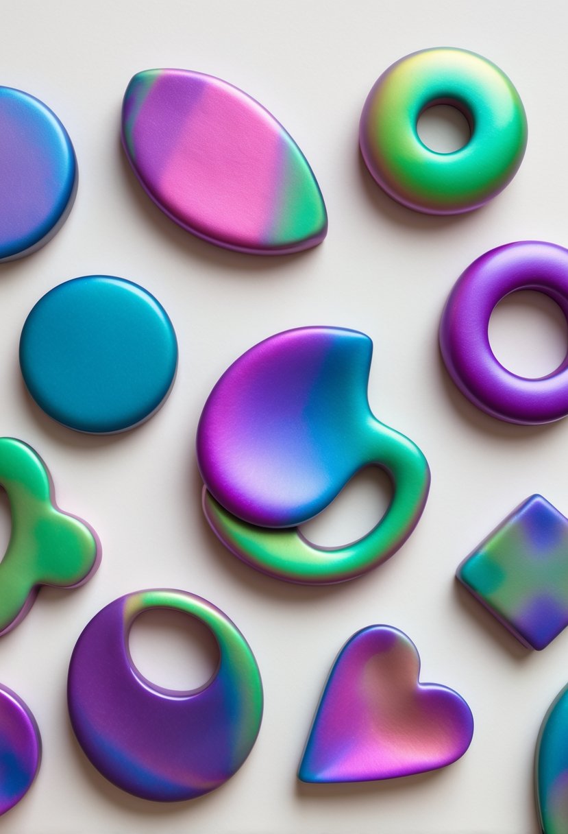 A collection of colorful polymer clay magnets with shifting colors arranged on a plain background.