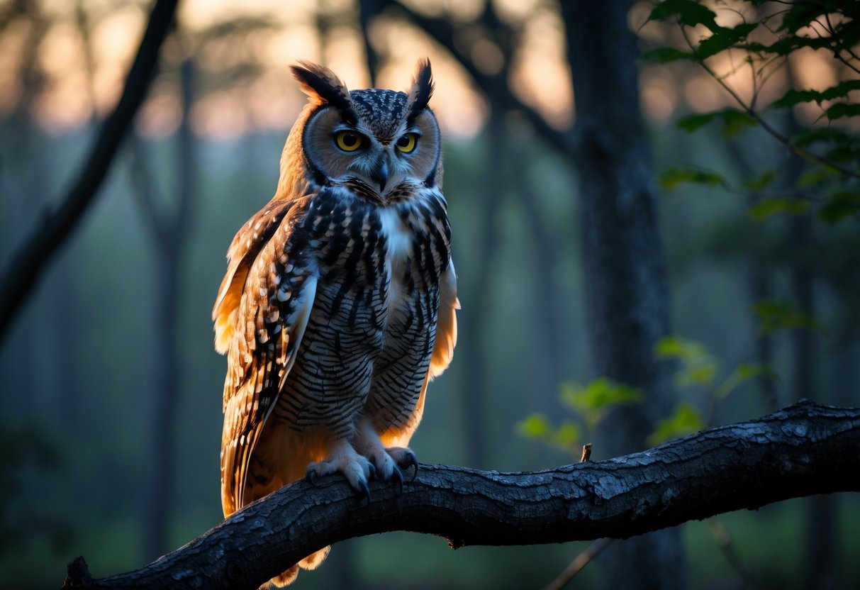 An owl perched on a tree branch in a forest at dusk, looking intently forward.