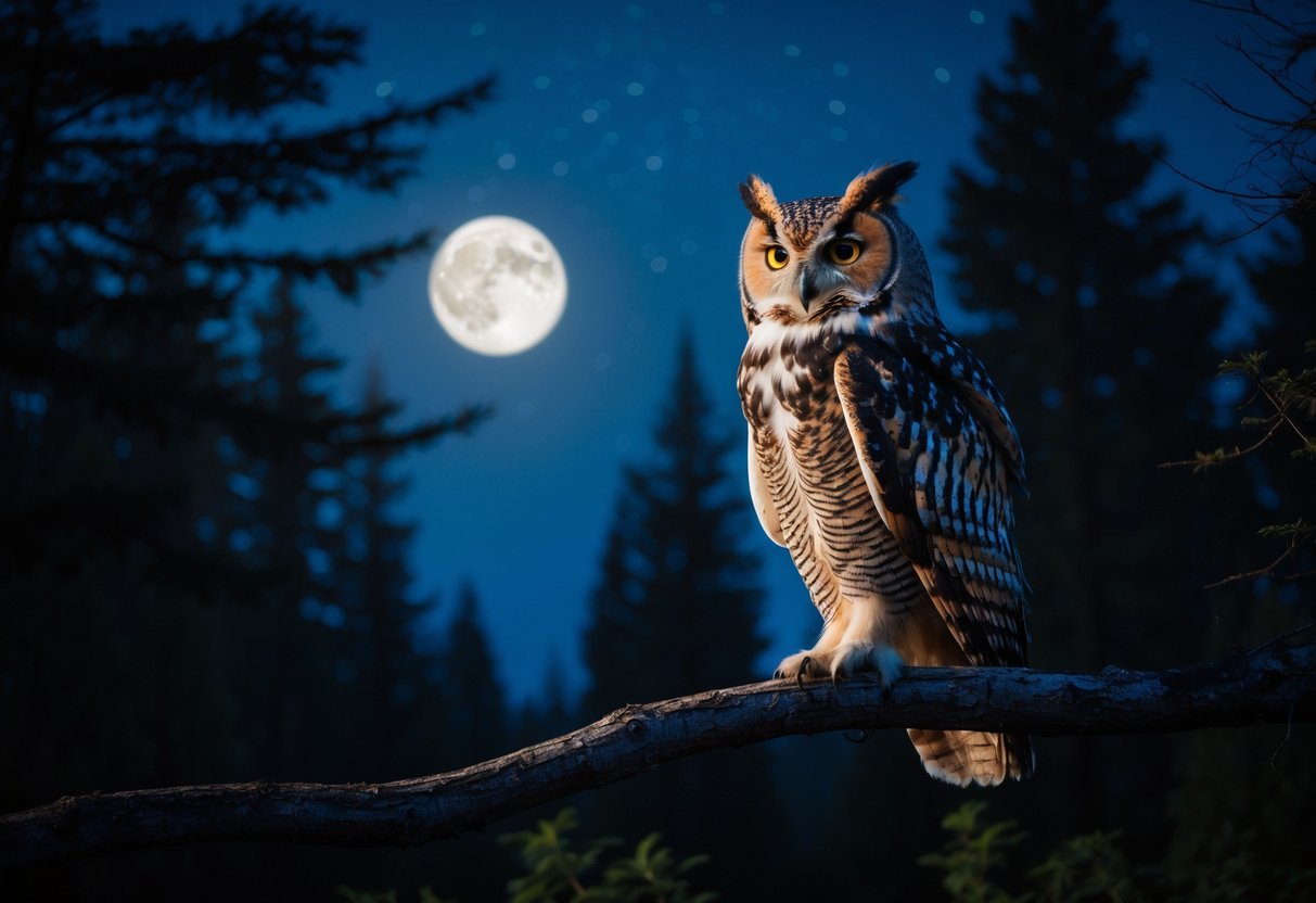 An owl perched on a tree branch at night in a forest under a starry sky.