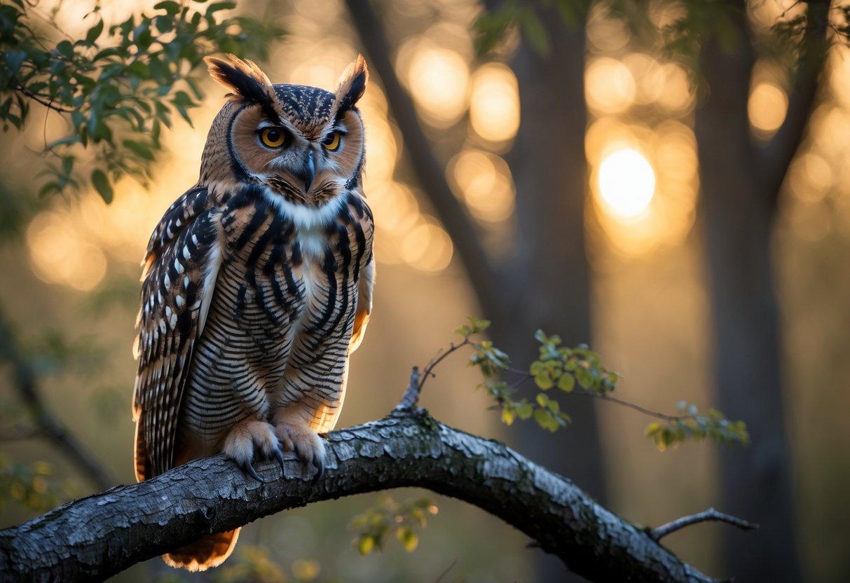 An owl perched on a tree branch in a forest at dusk, looking alert and focused.