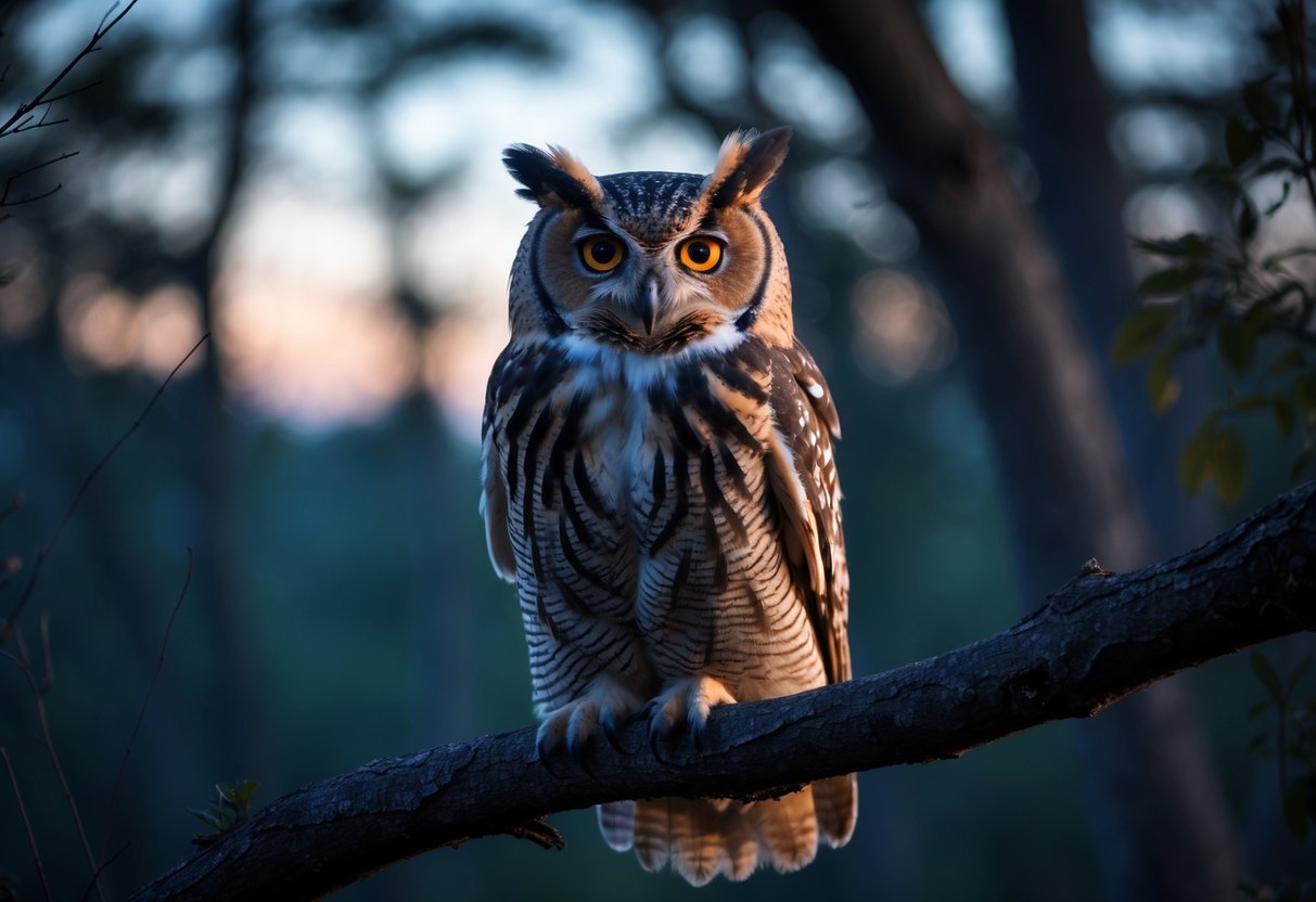 An owl perched on a tree branch at dusk, looking alert and cautious in a forest setting.