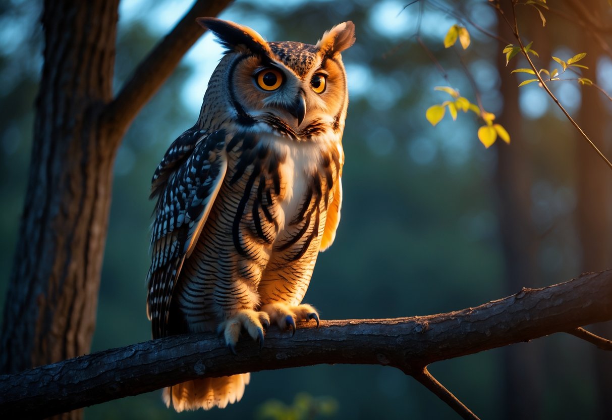 An owl perched on a tree branch at dusk with wide open eyes in a forest setting.