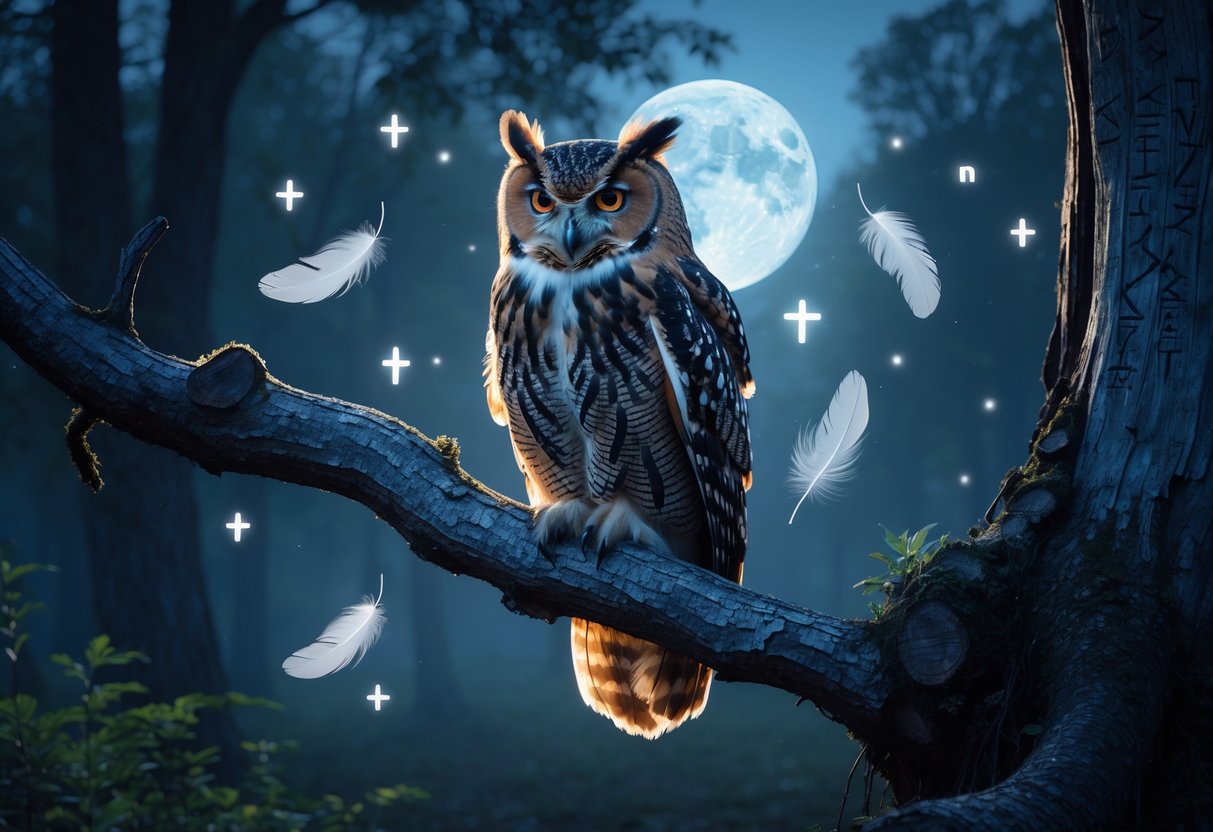 A majestic owl perched on a tree branch at twilight with a misty forest background and faint glowing symbols around it.