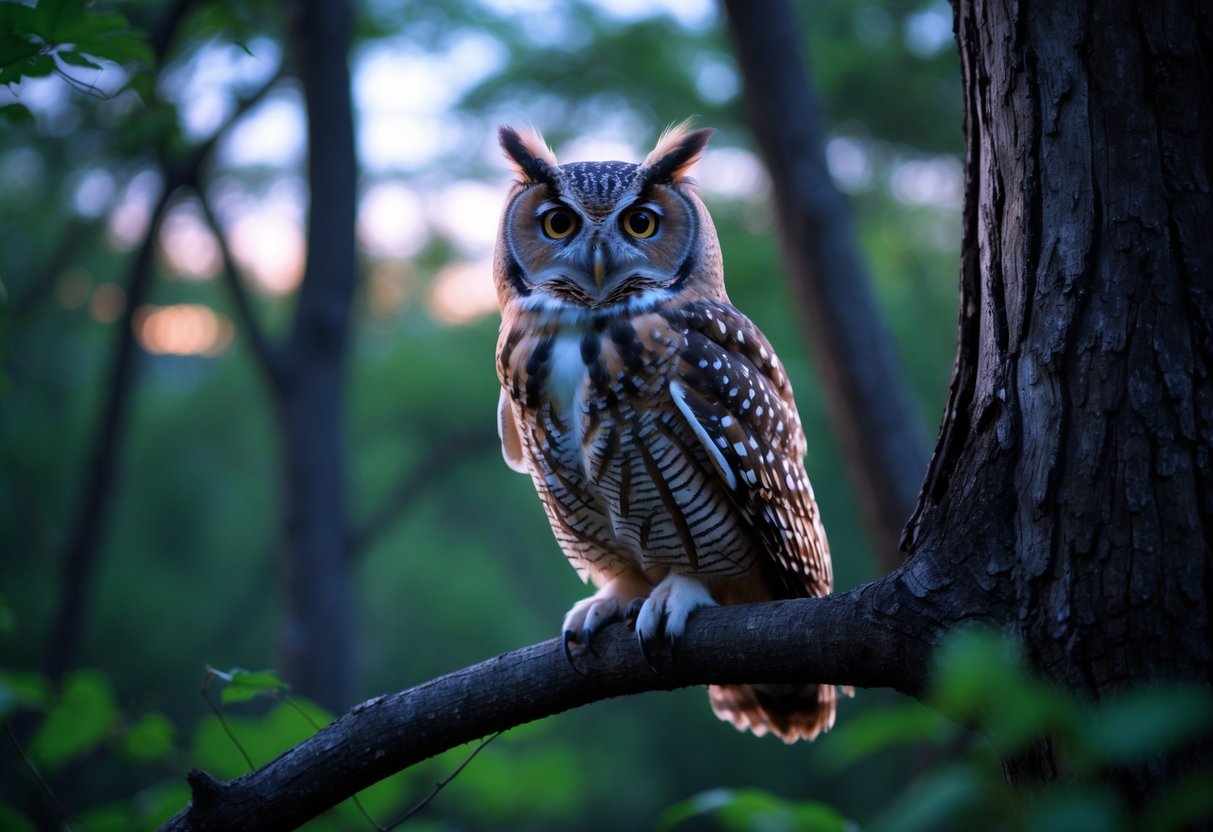 A begging call owl perched on a tree branch in a forest during twilight, with soft brown and gray feathers and large eyes.