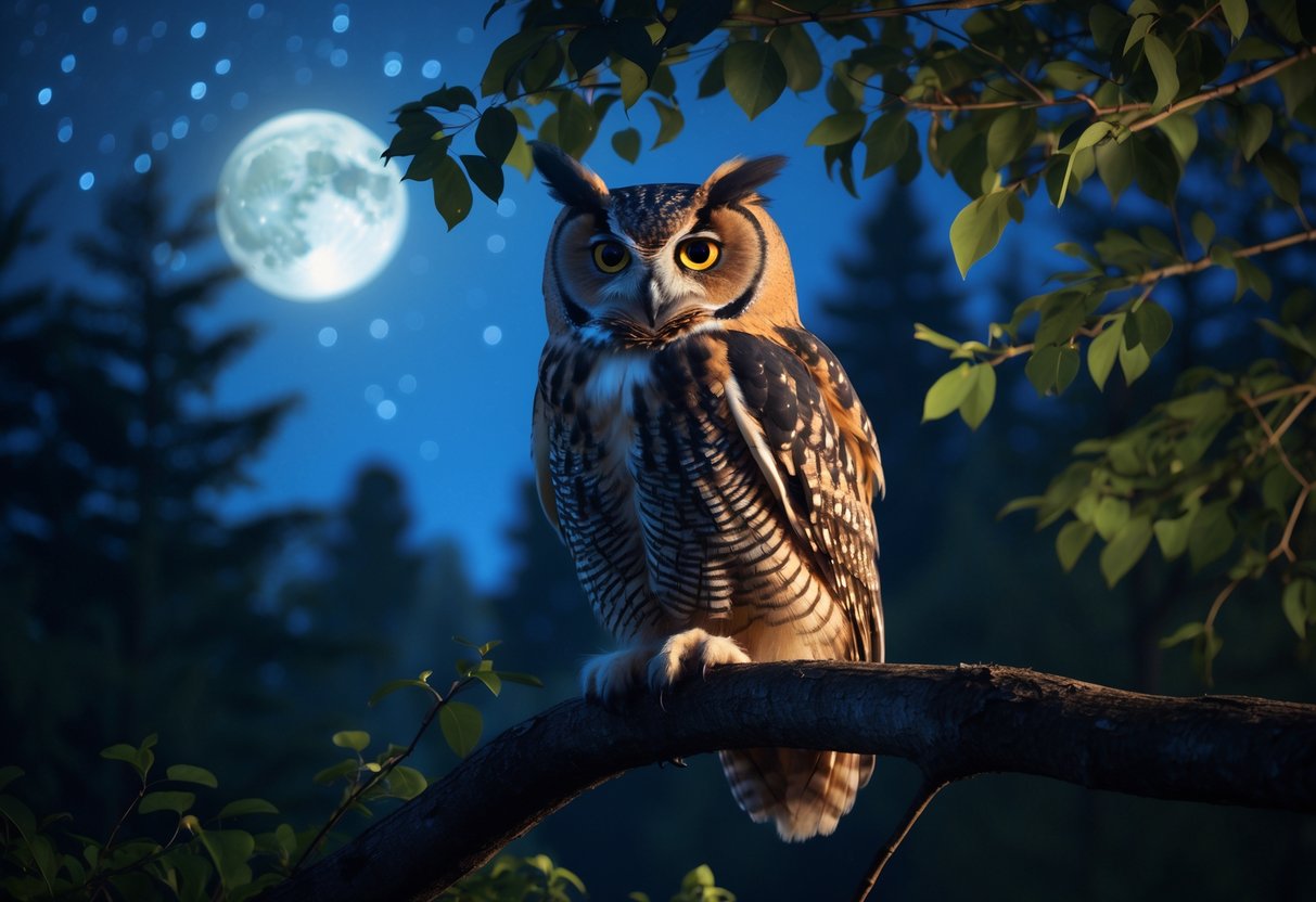 A close-up of an owl perched on a tree branch in a nighttime forest with moonlight and stars.