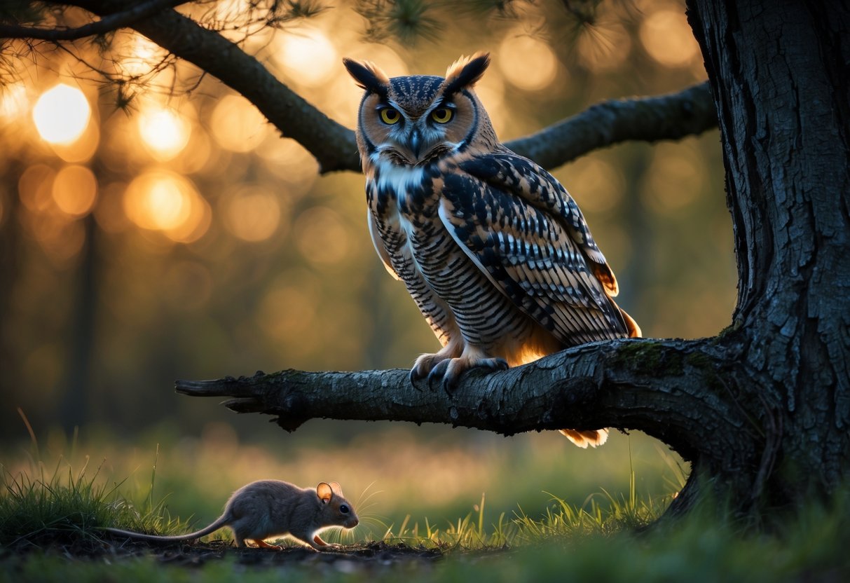 An owl perched on a tree branch watching a small mouse near the ground in a forest at dusk.