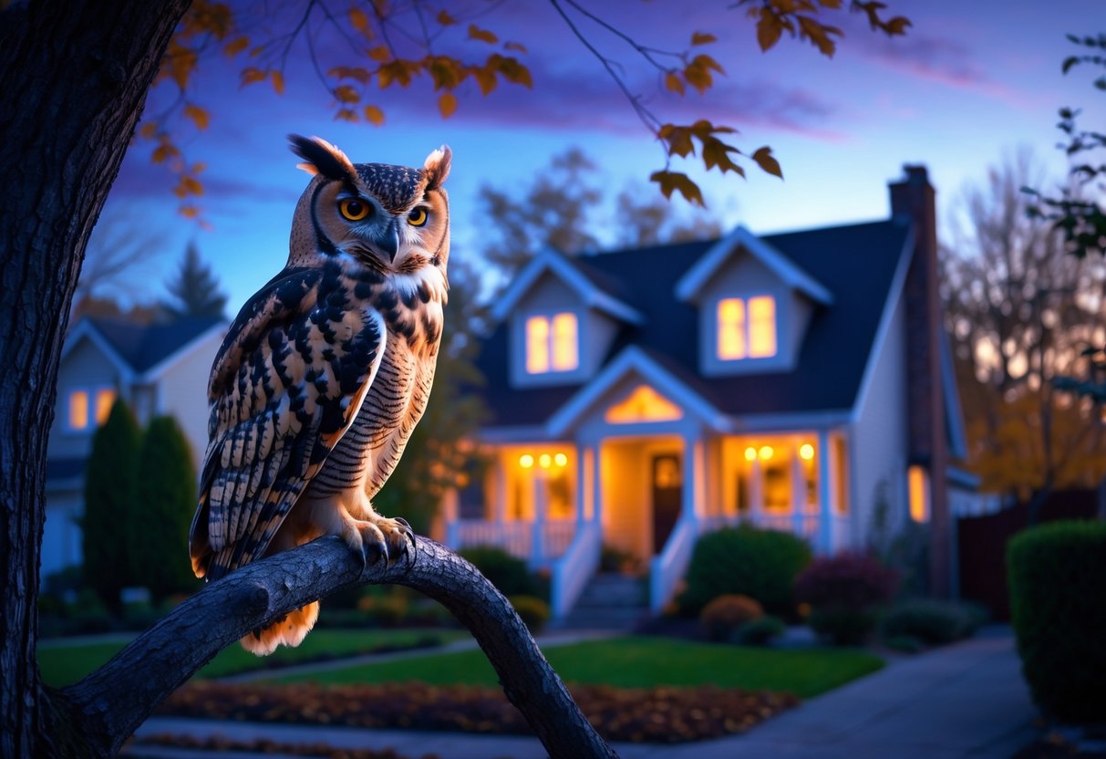 An owl perched on a tree branch looking towards a lit suburban house at dusk.