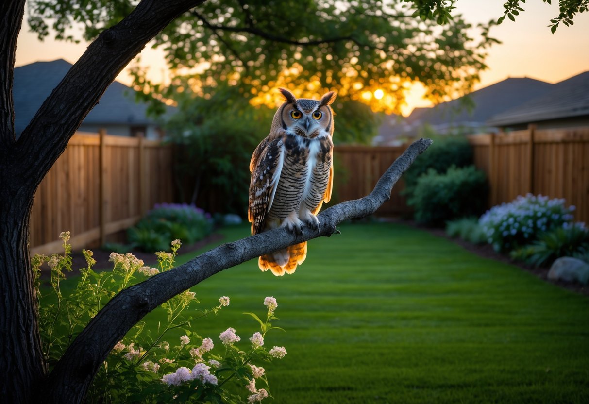 An owl perched on a tree branch in a peaceful suburban backyard at dusk.
