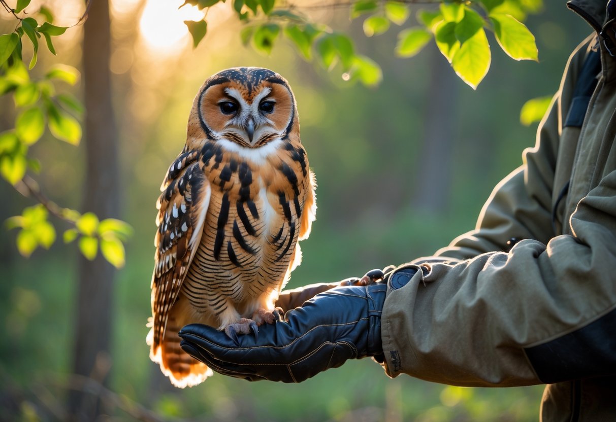 A tawny owl perched calmly on a person's gloved hand in a forest setting during daylight.