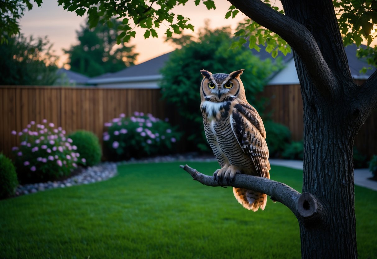An owl perched on a tree branch in a green backyard at dusk.