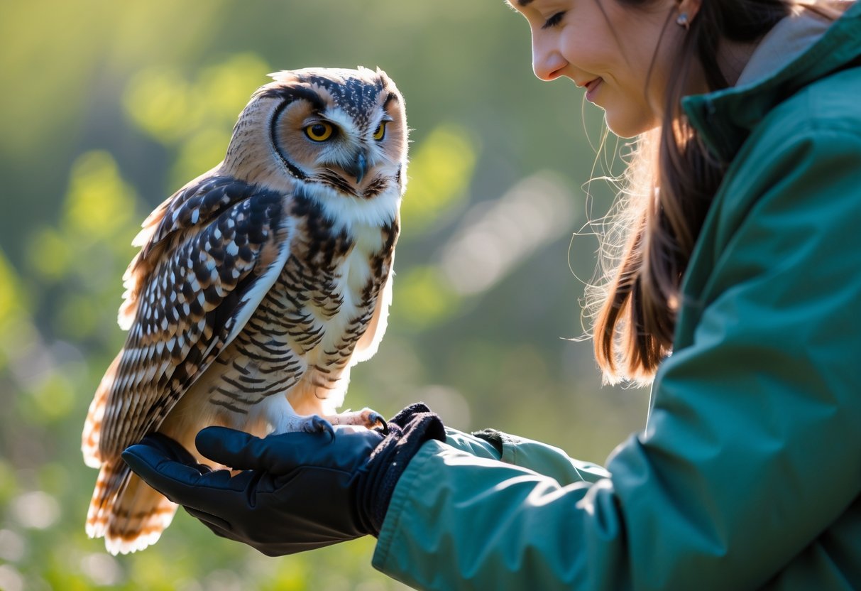 An owl perched on a person's gloved hand outdoors, looking attentively at the person.