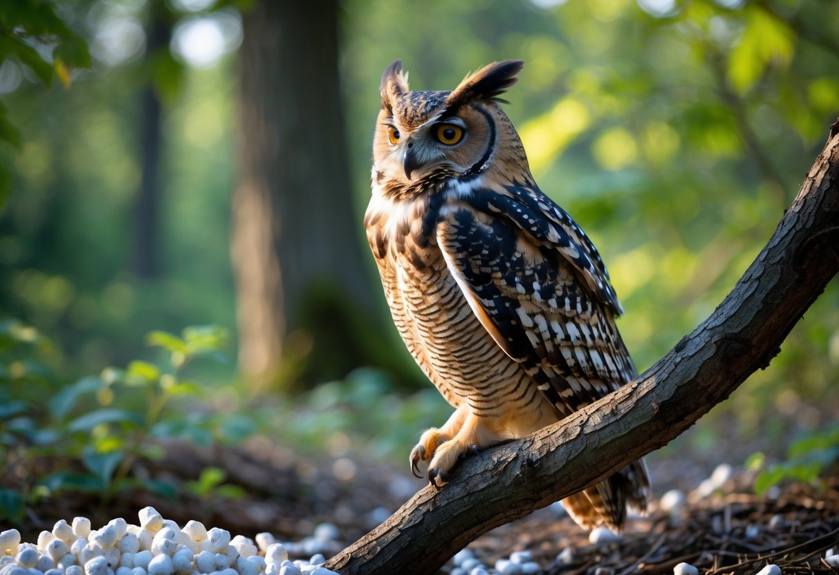 An owl perched on a tree branch with white pellets scattered on the ground below in a forest.