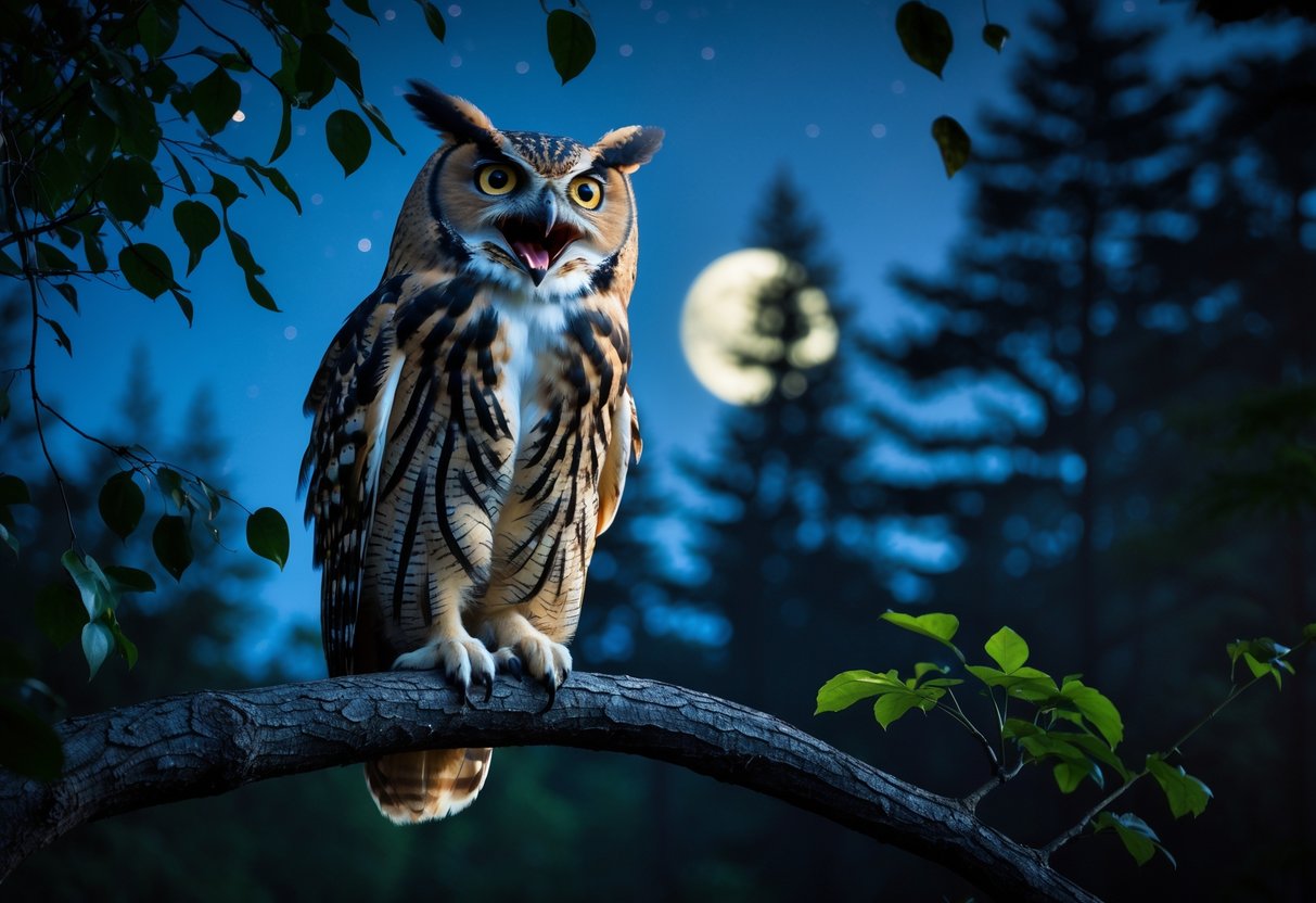An owl perched on a tree branch at night with its beak open as if calling out, surrounded by a dark forest and moonlight.