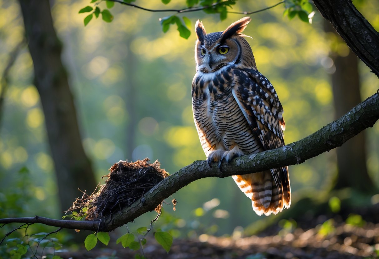 An owl perched on a tree branch with a small pile of owl waste on the forest floor beneath it.