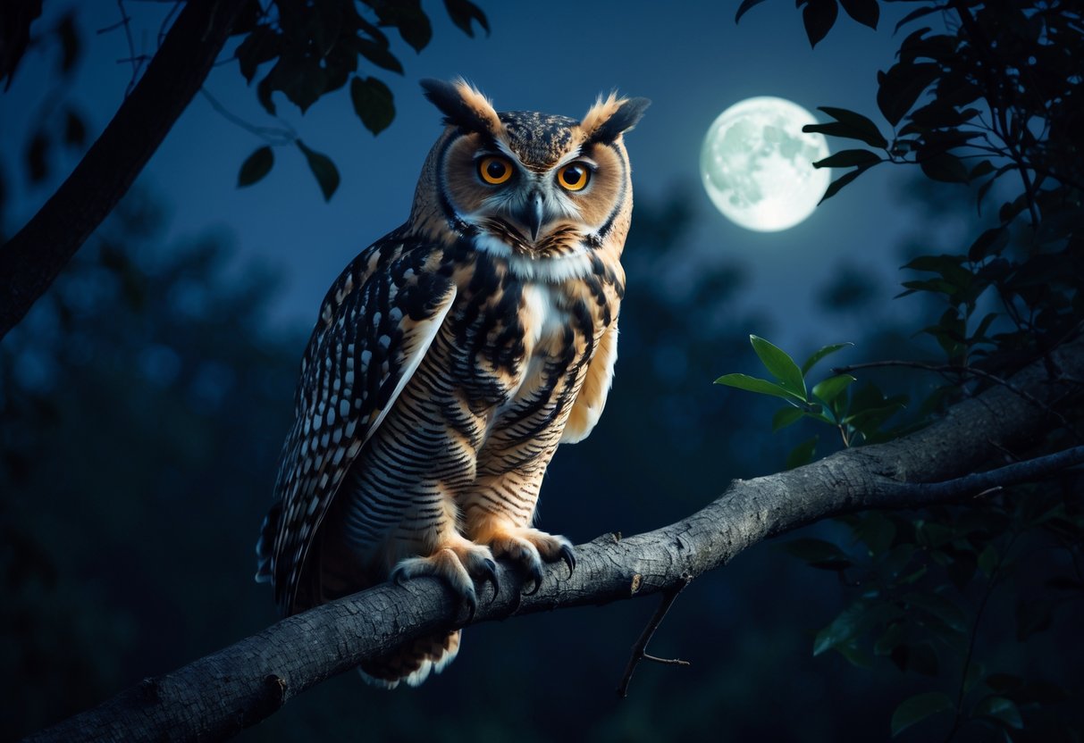 An owl perched on a tree branch at night with glowing eyes and a dark forest background.