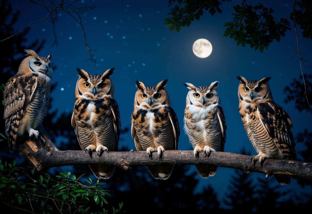 Several different owls perched on tree branches at night under a starry sky with moonlight illuminating the scene.