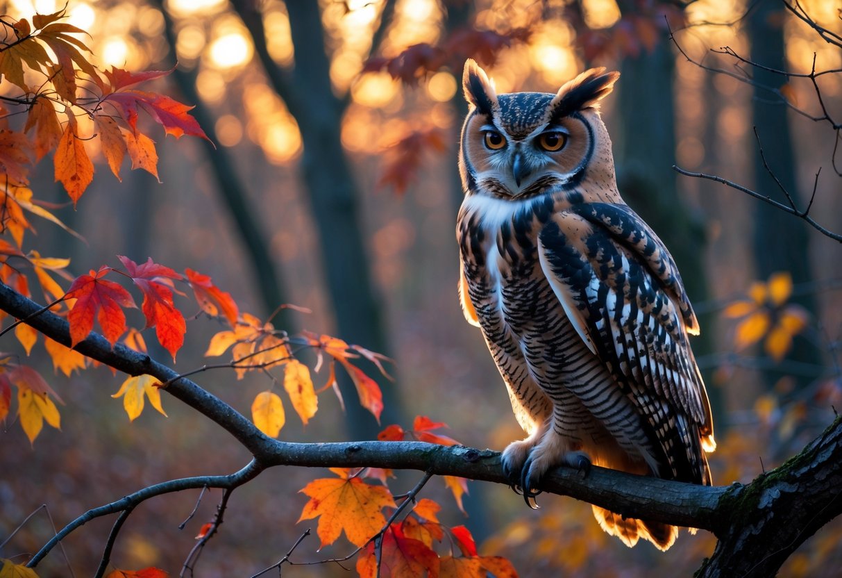 An owl perched on a tree branch surrounded by colorful autumn leaves at dusk.