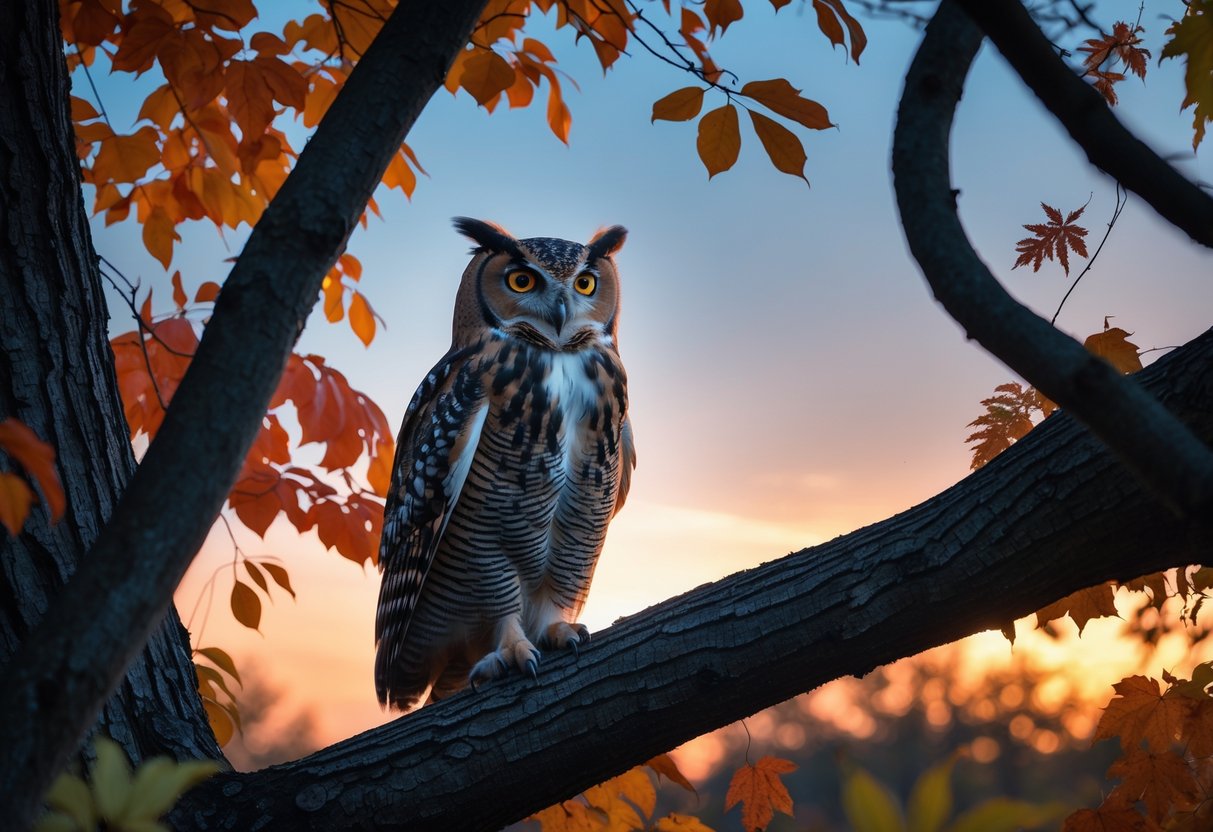An owl perched on a tree branch in a forest with autumn leaves at dusk.