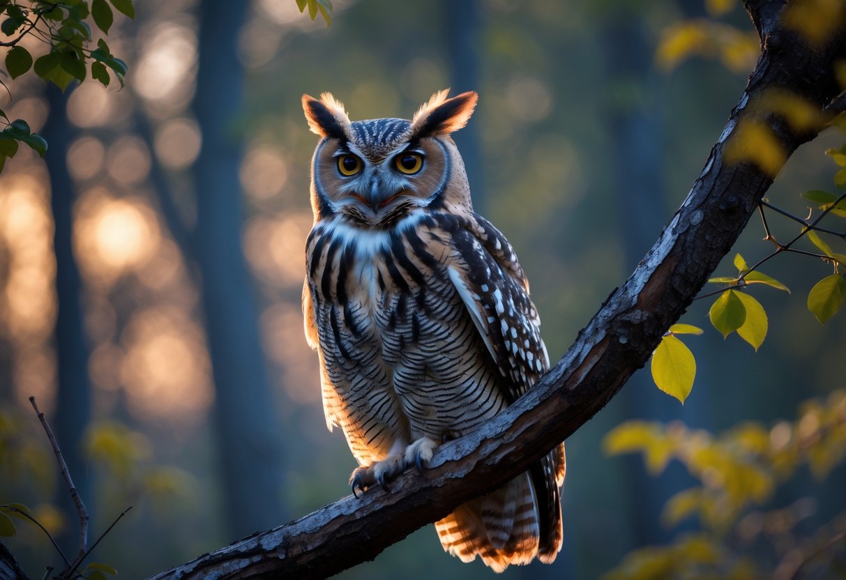 An owl perched on a tree branch at dusk with its beak open as if calling, surrounded by a forest background.