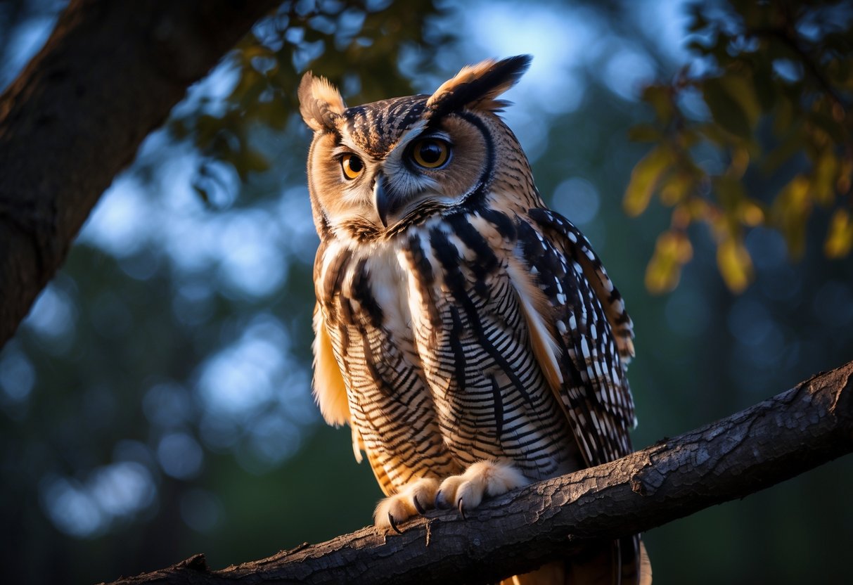Close-up of an owl perched on a tree branch in a forest at dusk, looking attentive.