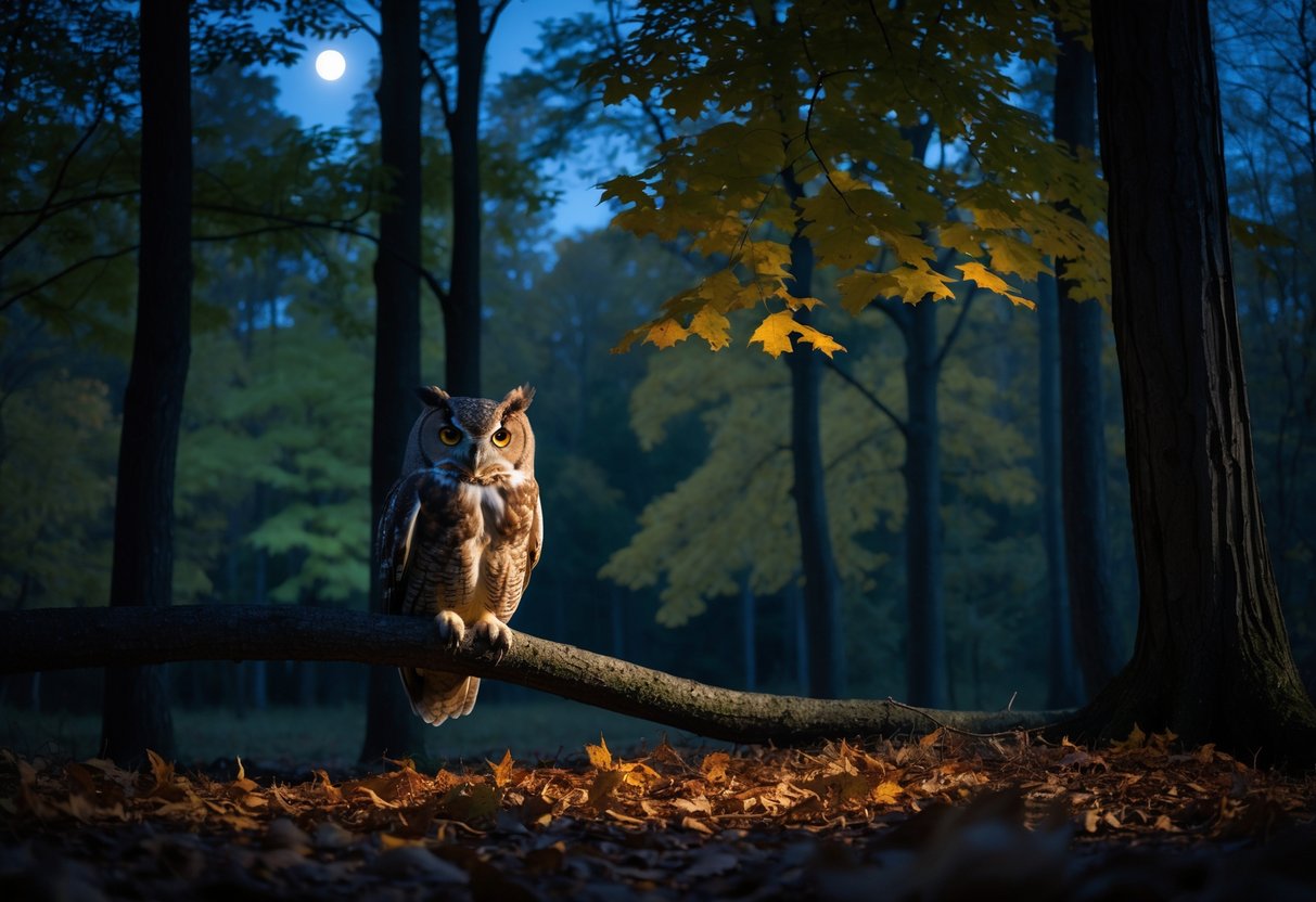 An owl perched on a tree branch in a forest at night during early autumn with leaves on the ground.