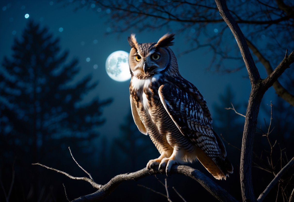 An owl perched on a tree branch at night, calling with its beak open under a moonlit sky.