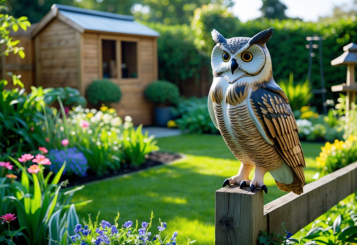 A garden with green plants, colorful flowers, and a realistic fake owl perched on a wooden fence post.