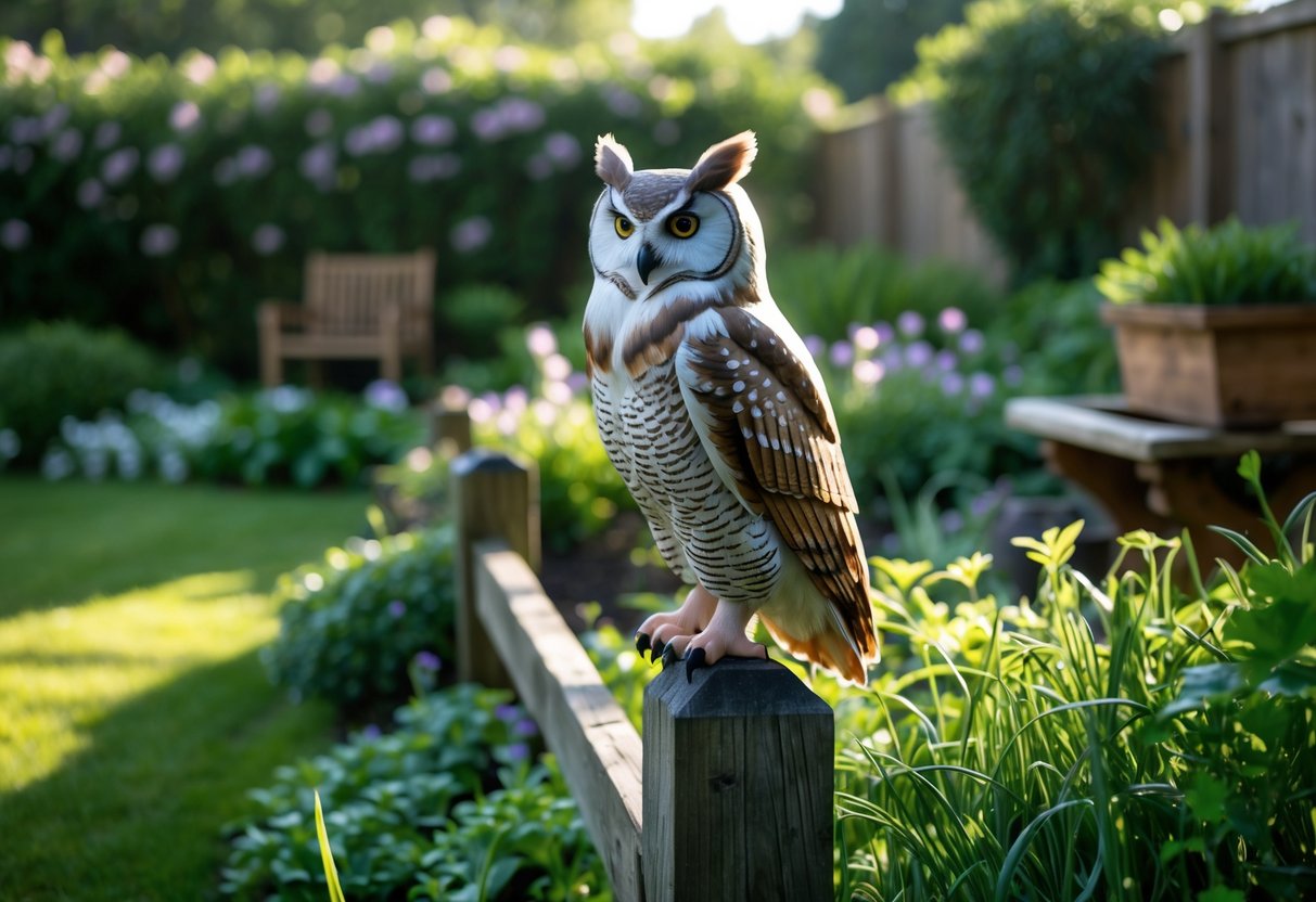 A realistic owl decoy perched on a wooden fence post in a green garden with flowers, shrubs, and a birdbath in the background.