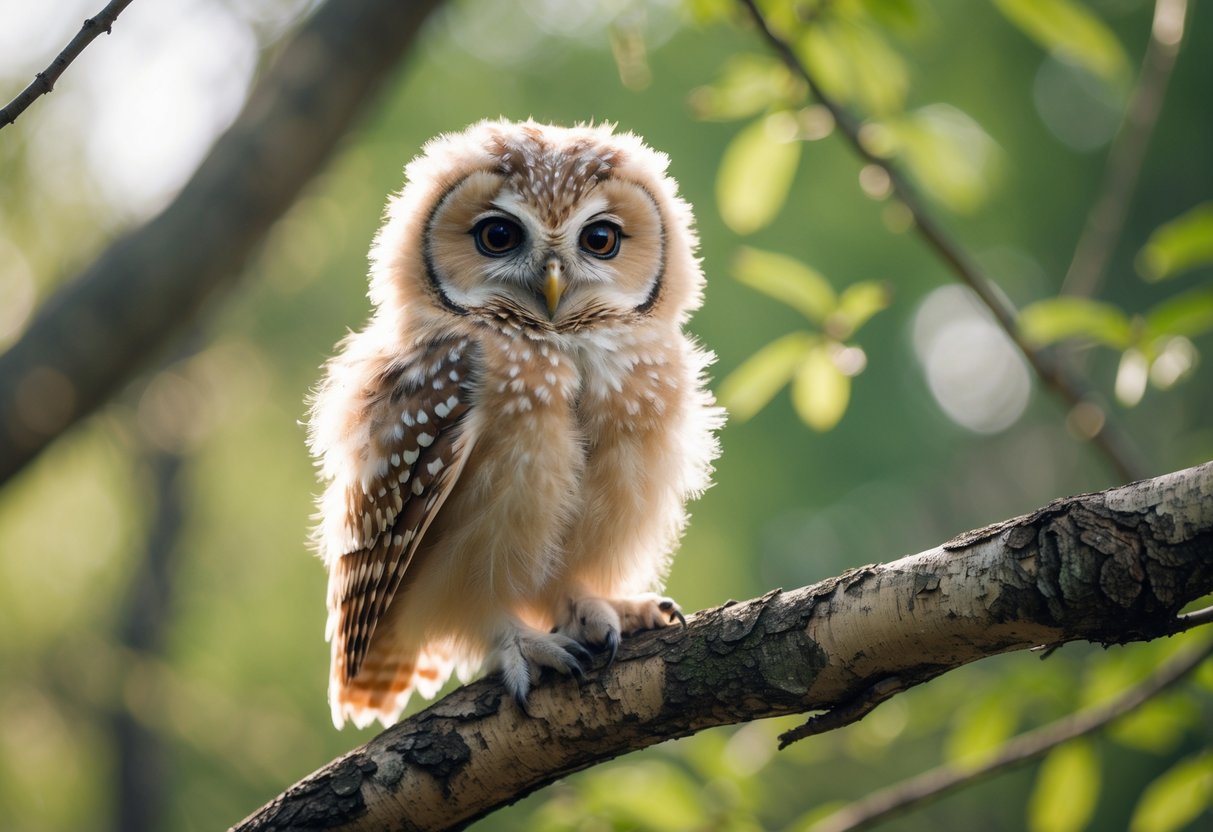 A fluffy baby owl perched on a tree branch in a forest.