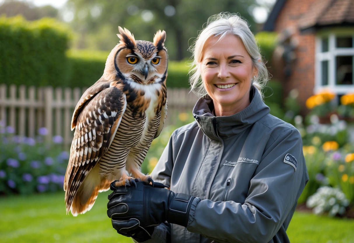 A person holding a pet owl on their gloved hand in a green garden with a house in the background.