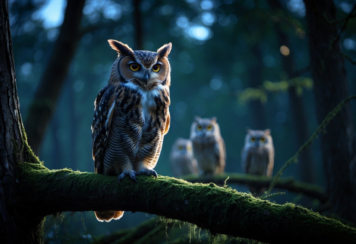 An owl perched on a tree branch at night in a forest, surrounded by other owls in the background.