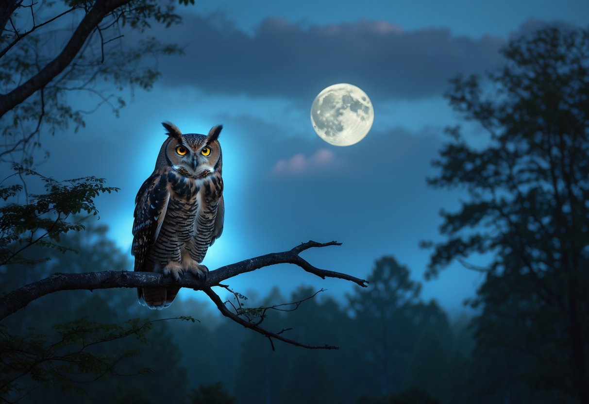 An owl perched on a tree branch at twilight with a misty forest and a full moon in the background.