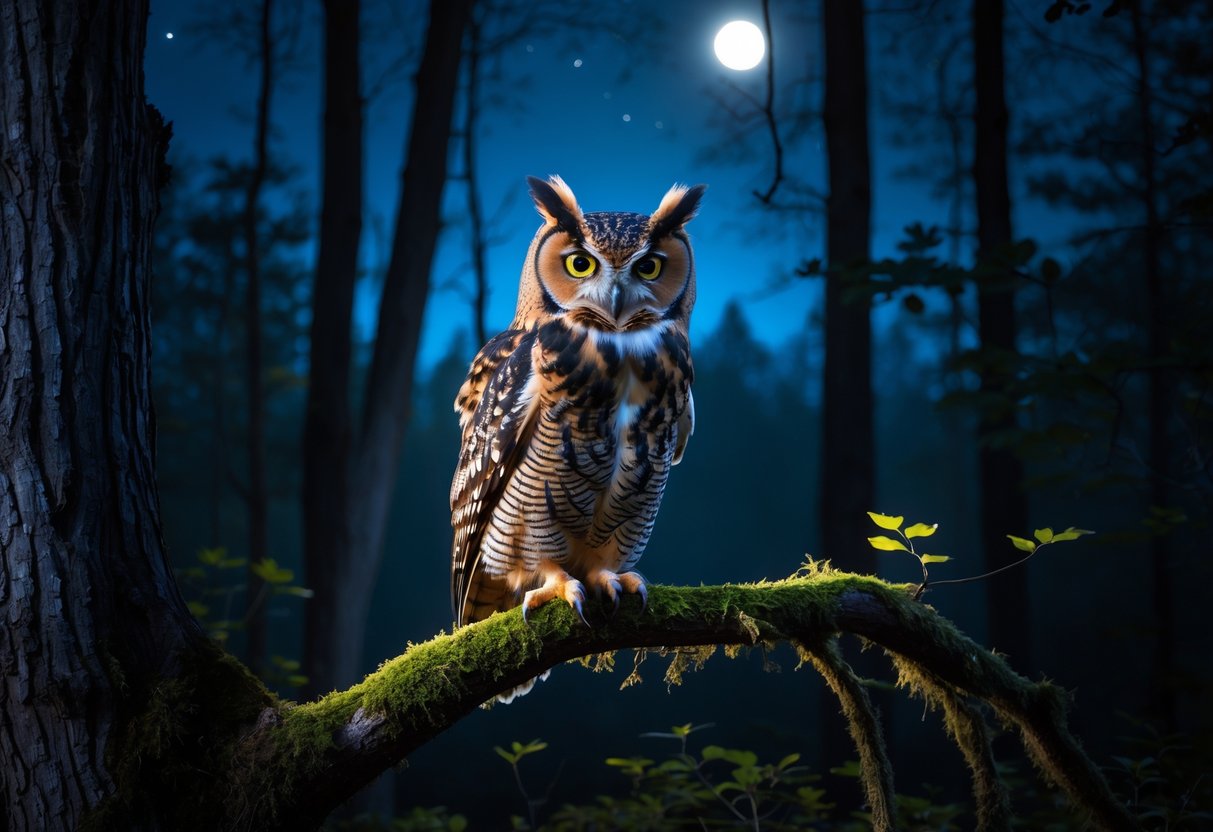 A large owl perched on a tree branch at night in a forest, looking directly ahead with bright eyes under moonlight.