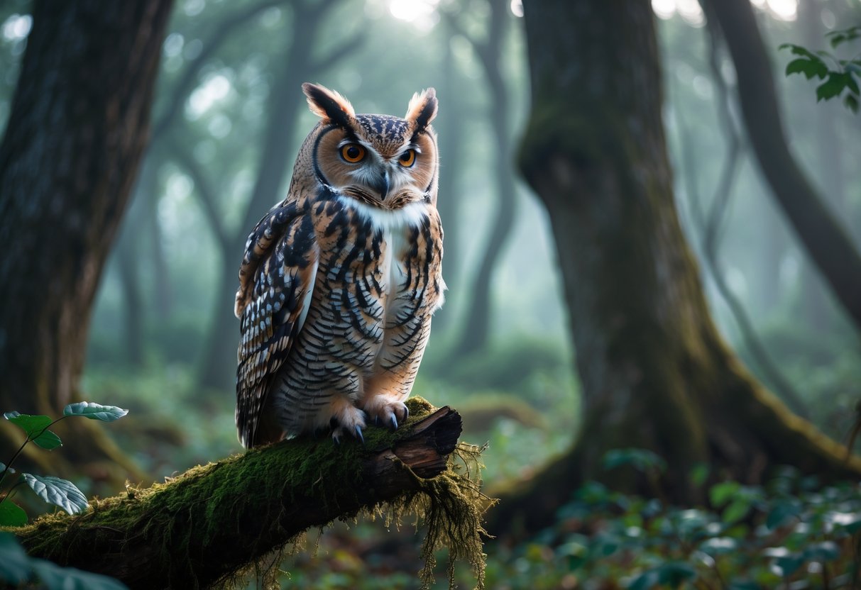 An owl perched on a mossy branch in a misty forest with green foliage around.
