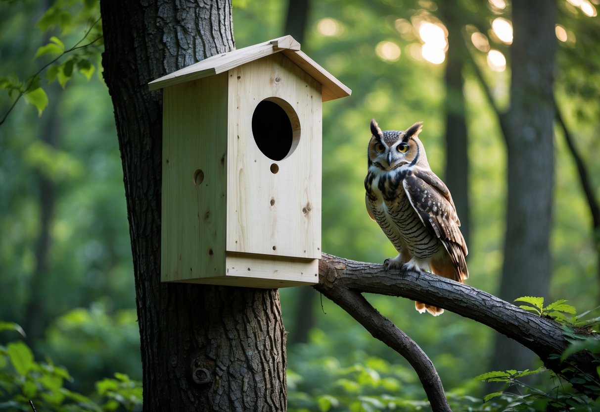 An owl perched near a wooden owl box attached to a tree in a green forest.