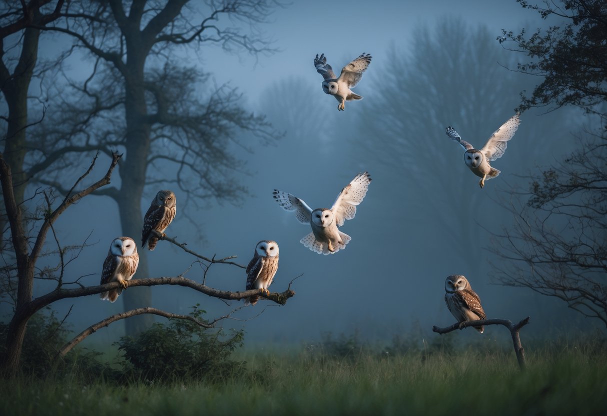 A peaceful British woodland at dusk with several owls perched on tree branches and flying through a misty forest.