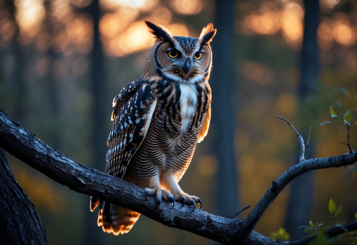 An owl perched on a tree branch at dusk with its beak open as if calling, surrounded by a forest background.