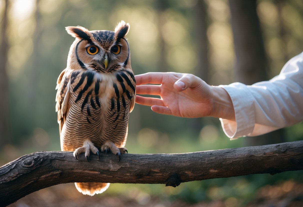 A person gently petting a calm owl perched on a branch in a natural outdoor setting.