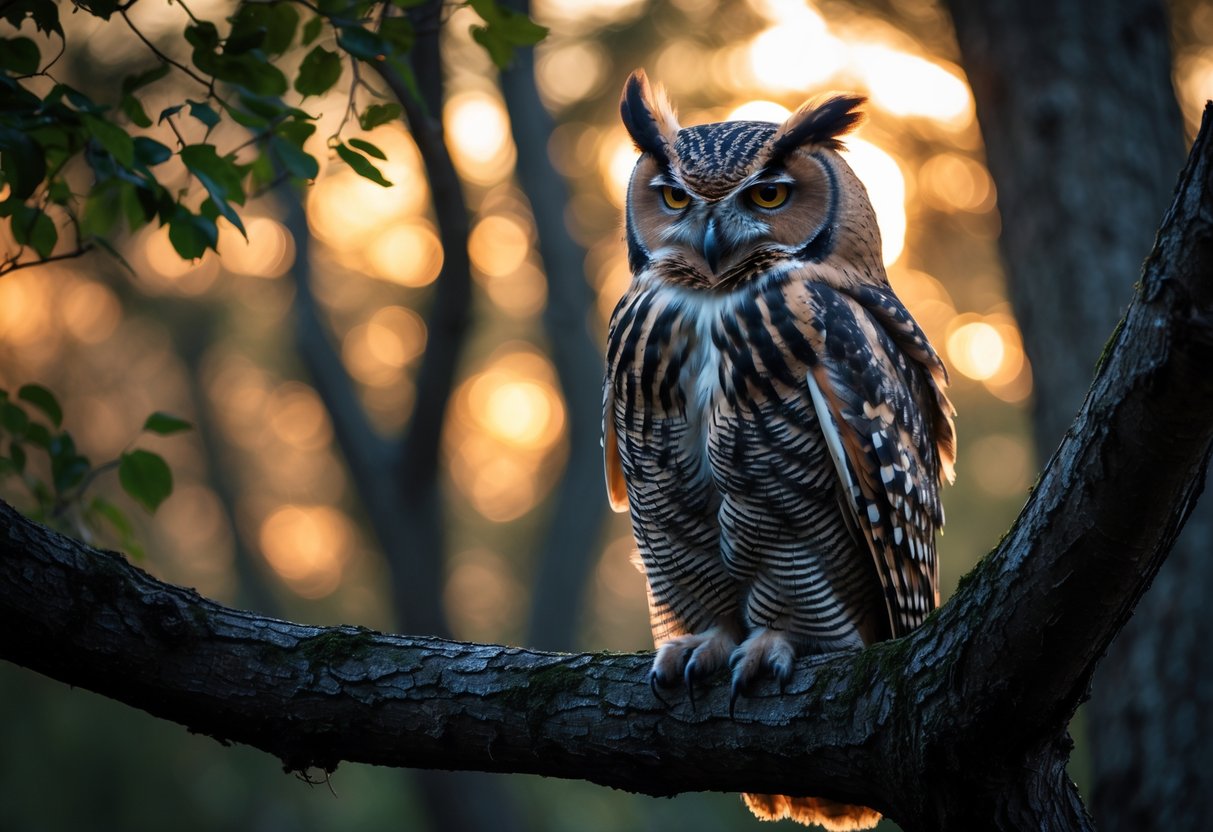 An owl perched on a tree branch with its eyes half-closed at dusk in a forest.