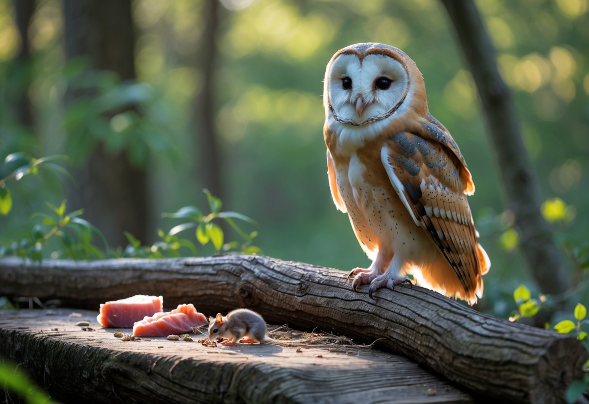 A barn owl perched on a branch with safe food for owls like mice and insects displayed nearby on a wooden surface in a forest.