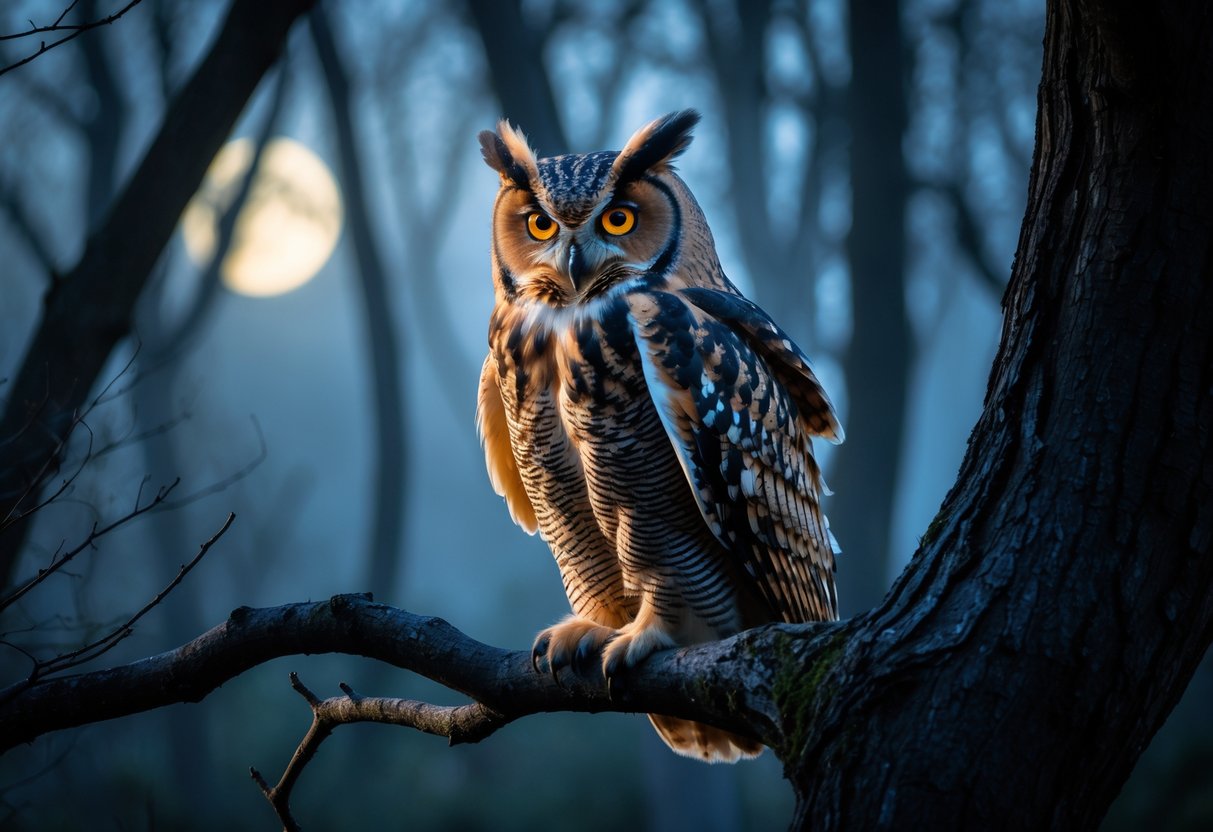 An owl perched on a tree branch in a misty forest at twilight with glowing eyes.
