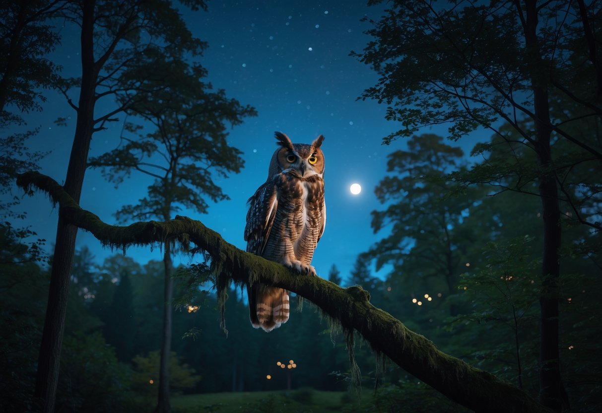 A large owl perched quietly on a tree branch in a nighttime forest under a starry sky.